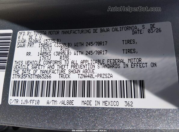 3TMKB5FN3TM065266 2026 TOYOTA TACOMA Silver Vista del compartimento del motor