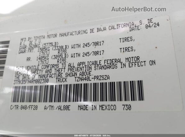 3TMKB5FN4RM002380 2024 TOYOTA TACOMA Белый Вид подкапотного пространства