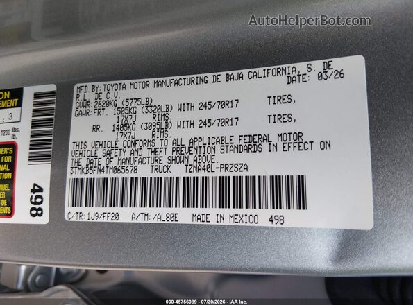 3TMKB5FN4TM065678 2026 TOYOTA TACOMA Silver Engine compartment view