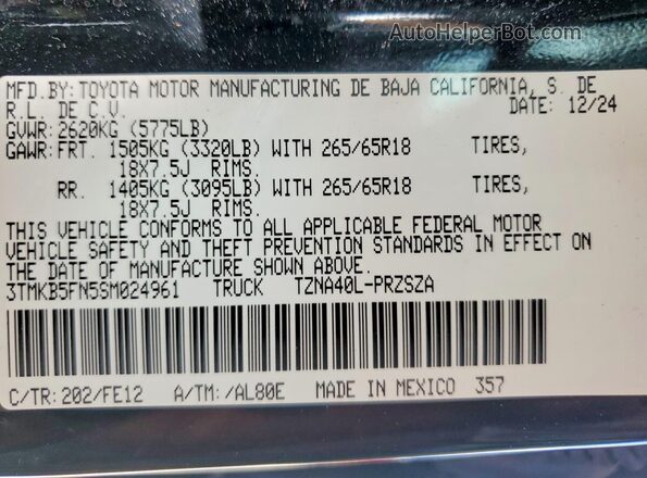 3TMKB5FN5SM024961 2025 TOYOTA TACOMA Black VIN կոդի պիտակի տեսք
