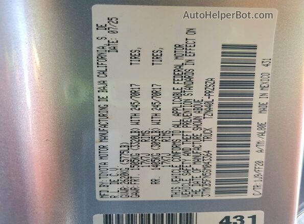 3TMKB5FN5SM043364 2025 TOYOTA TACOMA Silver Vista de la etiqueta del VIN