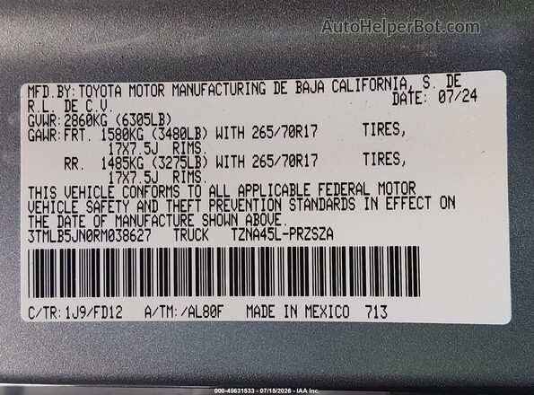 3TMLB5JN0RM038627 2024 TOYOTA TACOMA Silver Vista del compartimento del motor