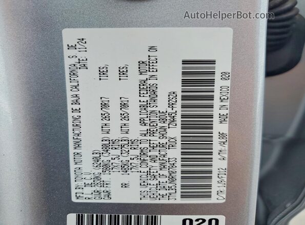 3TMLB5JN0RM078433 2024 TOYOTA TACOMA Silver Вид наклейки з VIN-кодом
