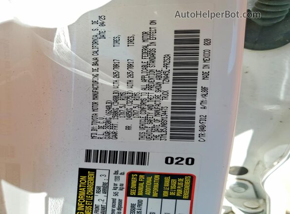 3TMLB5JN0SM134473 2025 TOYOTA TACOMA White VIN կոդի պիտակի տեսք