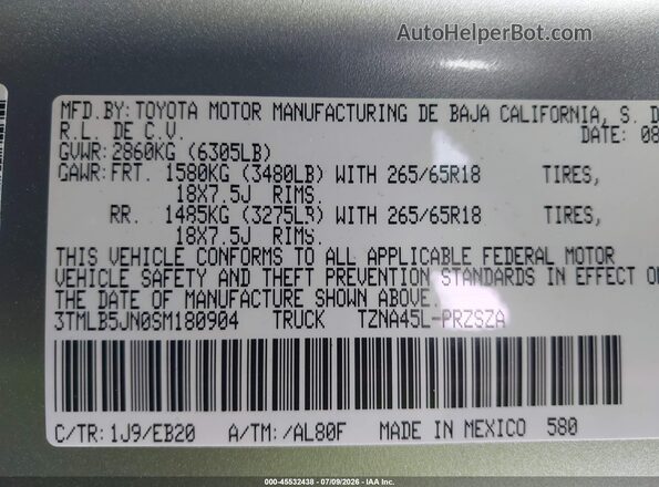 3TMLB5JN0SM180904 2025 TOYOTA TACOMA Silver Engine compartment view