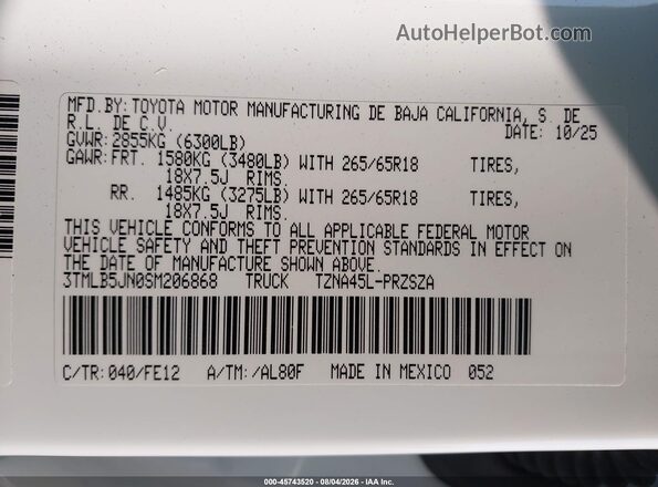3TMLB5JN0SM206868 2025 TOYOTA TACOMA White Widok komory silnika