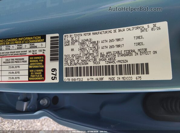3TMLB5JN0TM236504 2026 TOYOTA TACOMA Blue Vista del compartimento del motor