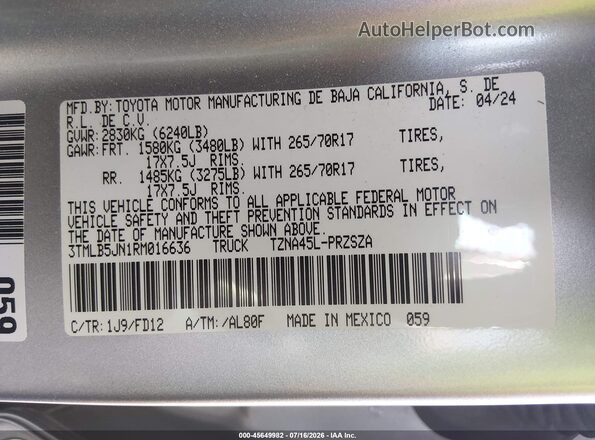 3TMLB5JN1RM016636 2024 TOYOTA TACOMA Silver Engine compartment view