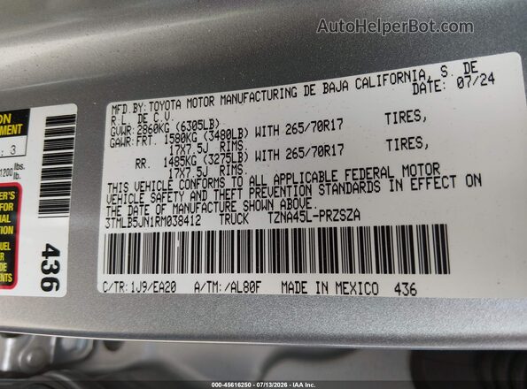 3TMLB5JN1RM038412 2024 TOYOTA TACOMA Серебряный Вид подкапотного пространства