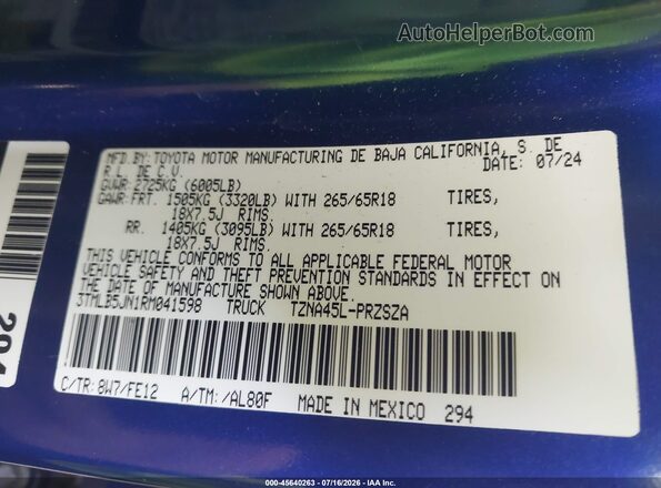 3TMLB5JN1RM041598 2024 TOYOTA TACOMA Dark Blue ძრავის განყოფილების ხედი