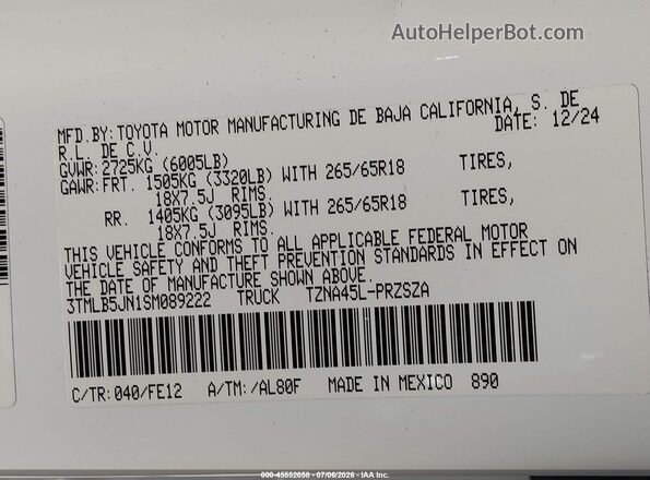 3TMLB5JN1SM089222 2025 TOYOTA TACOMA White Engine compartment view