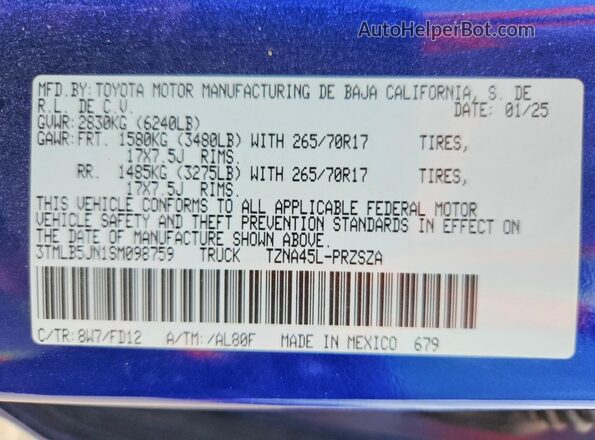3TMLB5JN1SM098759 2025 TOYOTA TACOMA Blue Vista de la etiqueta del VIN