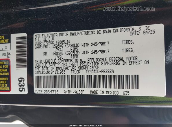 3TMLB5JN1SM131033 2025 TOYOTA TACOMA Black Widok komory silnika