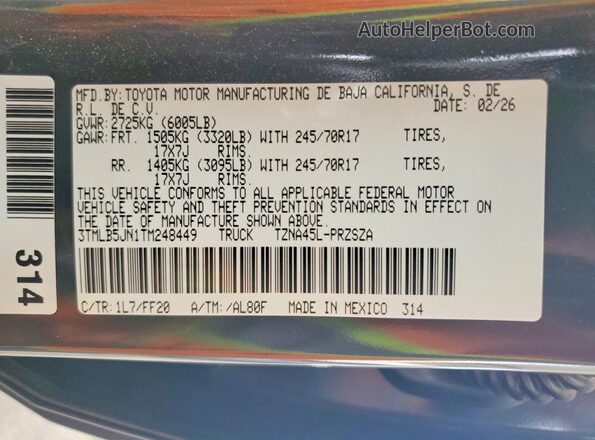 3TMLB5JN1TM248449 2026 TOYOTA TACOMA Gray Вид підкапотного простору