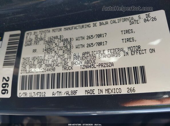 3TMLB5JN1TM264490 2026 TOYOTA TACOMA Gray Շարժիչի բաժամունքի տեսք