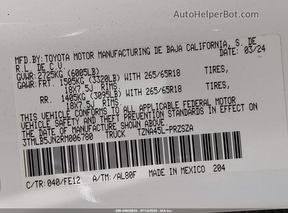 3TMLB5JN2RM006780 2024 TOYOTA TACOMA White Engine compartment view