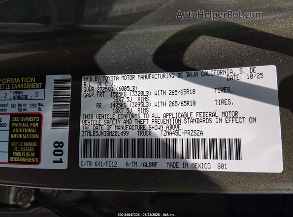 3TMLB5JN3SM201499 2025 TOYOTA TACOMA Tan Engine compartment view