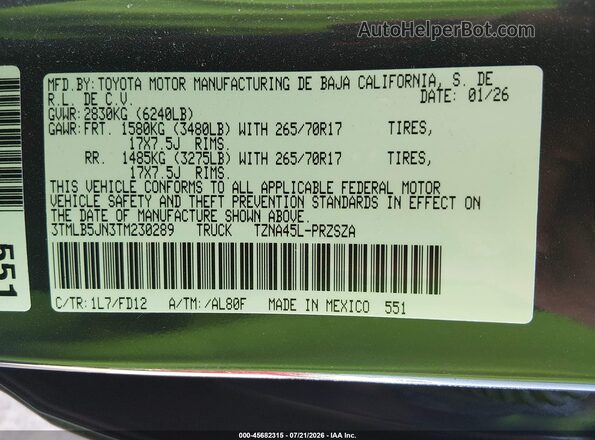 3TMLB5JN3TM230289 2026 TOYOTA TACOMA Black Engine compartment view