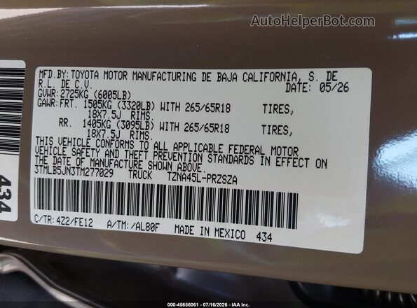 3TMLB5JN3TM277029 2026 TOYOTA TACOMA Gray Вид підкапотного простору