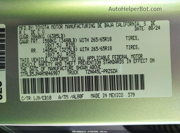 3TMLB5JN4RM046987 2024 TOYOTA TACOMA Silver Widok komory silnika