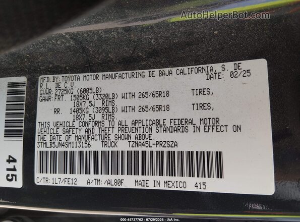 3TMLB5JN4SM113156 2025 TOYOTA TACOMA Gray Vista del compartimento del motor