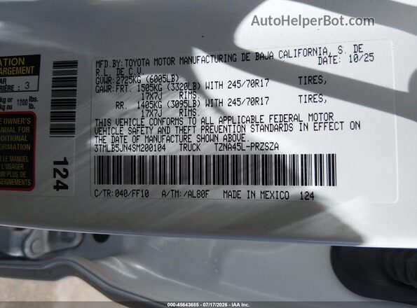 3TMLB5JN4SM200104 2025 TOYOTA TACOMA White Engine compartment view