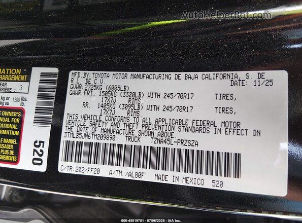 3TMLB5JN6TM209890 2026 TOYOTA TACOMA Black Вид підкапотного простору
