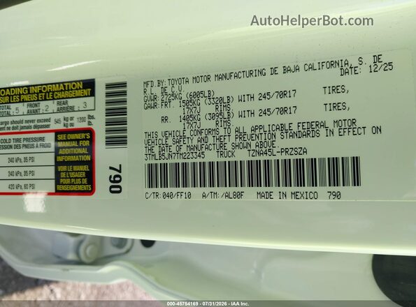 3TMLB5JN7TM223345 2026 TOYOTA TACOMA White ძრავის განყოფილების ხედი