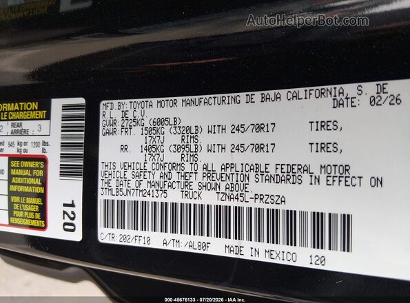 3TMLB5JN7TM241375 2026 TOYOTA TACOMA Black Вид підкапотного простору