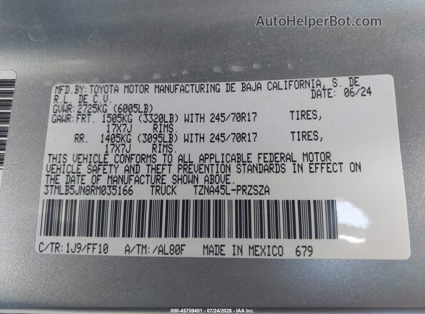 3TMLB5JN8RM035166 2024 TOYOTA TACOMA Silver Vista del compartimento del motor