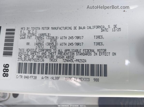 3TMLB5JN8TM225136 2026 TOYOTA TACOMA White Vista del compartimento del motor
