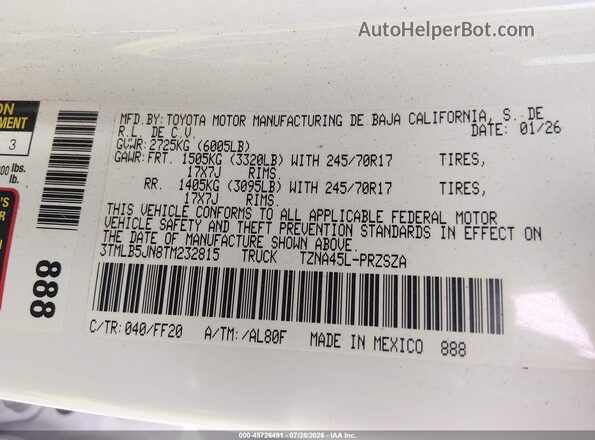 3TMLB5JN8TM232815 2026 TOYOTA TACOMA White Շարժիչի բաժամունքի տեսք
