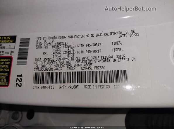 3TMLB5JN9SM174423 2025 TOYOTA TACOMA White Вид підкапотного простору