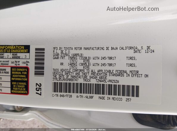 3TMLB5JNXSM088747 2025 TOYOTA TACOMA White Vista del compartimento del motor