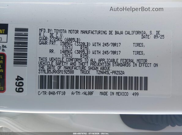 3TMLB5JNXSM192588 2025 TOYOTA TACOMA White Widok komory silnika