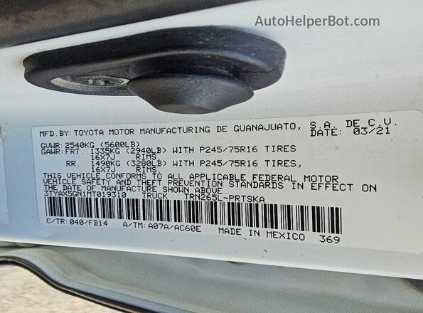 3TYAX5GN1MT019310 2021 TOYOTA TACOMA Белый Вид наклейки с VIN-кодом
