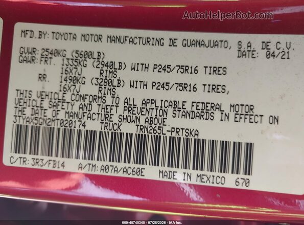 3TYAX5GN2MT020174 2021 TOYOTA TACOMA Burgundy Vista del compartimento del motor