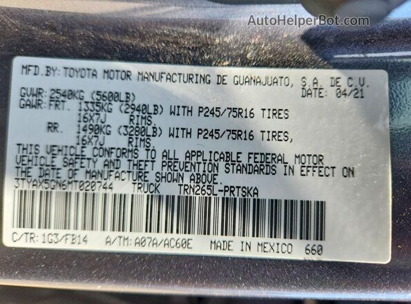 3TYAX5GN6MT020744 2021 TOYOTA TACOMA Gray Engine compartment view