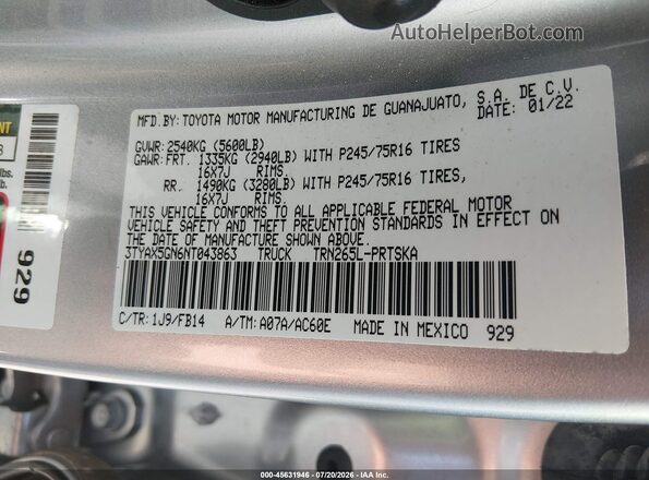 3TYAX5GN6NT043863 2022 TOYOTA TACOMA Silver Engine compartment view