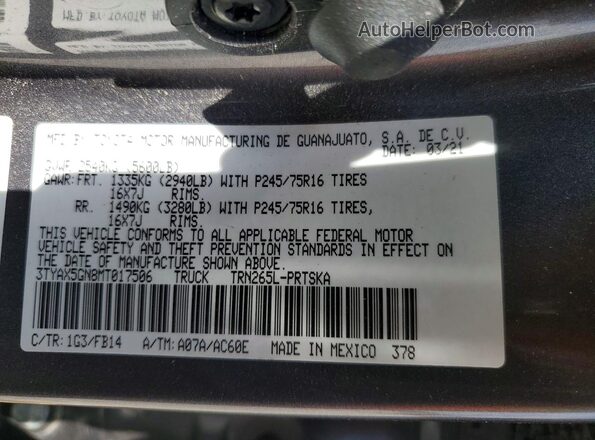 3TYAX5GN8MT017506 2021 TOYOTA TACOMA Gray Вид наклейки з VIN-кодом