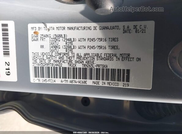 3TYAX5GN9MT014422 2021 TOYOTA TACOMA Gray Շարժիչի բաժամունքի տեսք