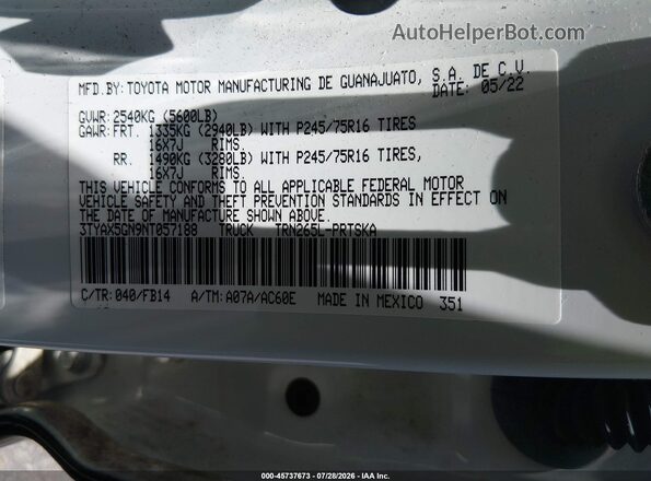 3TYAX5GN9NT057188 2022 TOYOTA TACOMA White Widok komory silnika