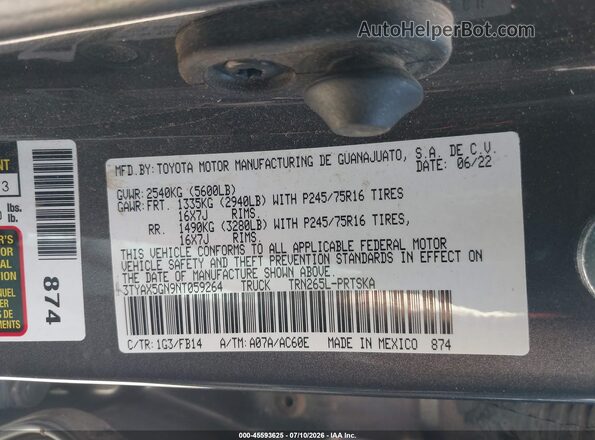 3TYAX5GN9NT059264 2022 TOYOTA TACOMA Gray Engine compartment view
