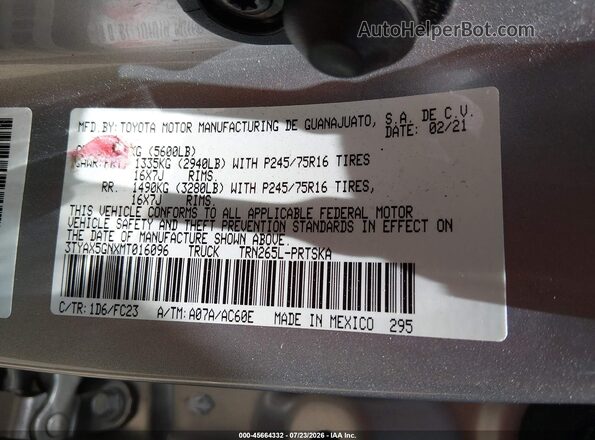 3TYAX5GNXMT016096 2021 TOYOTA TACOMA Серебряный Вид подкапотного пространства