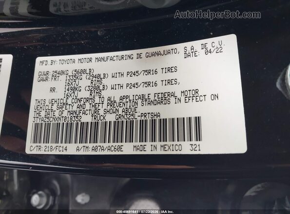 3TYAZ5CNXNT018352 2022 TOYOTA TACOMA Черный Вид подкапотного пространства