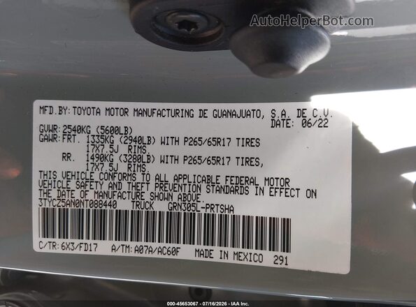 3TYCZ5AN0NT088440 2022 TOYOTA TACOMA Gray Vista del compartimento del motor