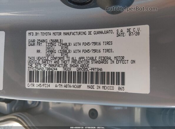 3TYCZ5AN2LT004244 2020 TOYOTA TACOMA Gray Вид підкапотного простору