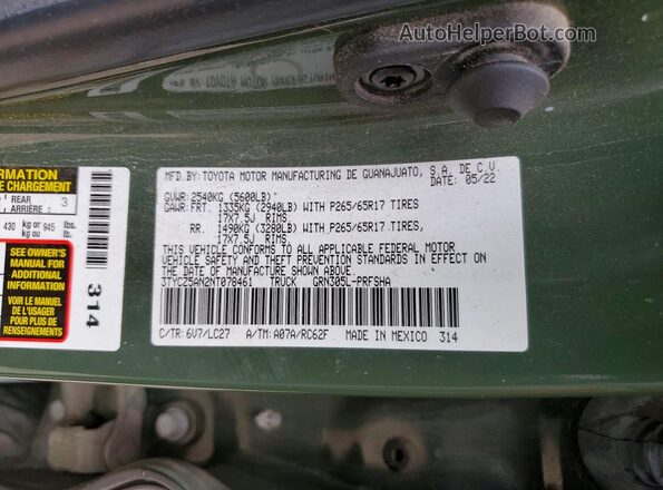 3TYCZ5AN2NT078461 2022 TOYOTA TACOMA Green Вид підкапотного простору