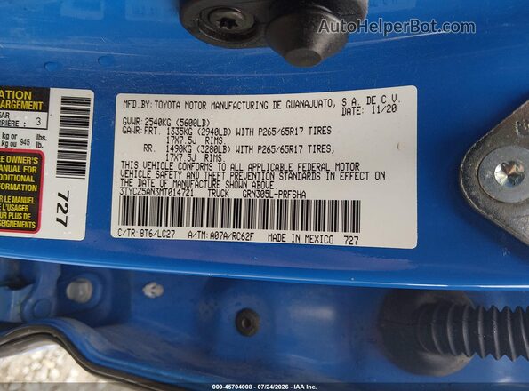 3TYCZ5AN3MT014721 2021 TOYOTA TACOMA Blue Вид підкапотного простору