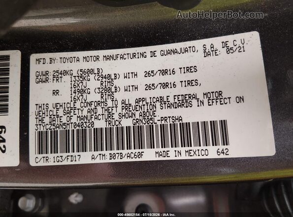 3TYCZ5AN5MT040320 2021 TOYOTA TACOMA Gray Вид підкапотного простору